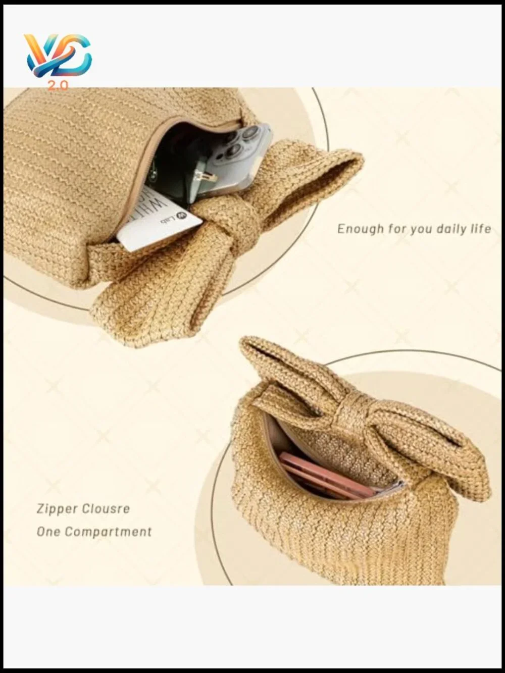 Woven Wicker Clutch Handbag Summer Beach Tote Straw Purse Bow Decoration - Picture 4 of 7